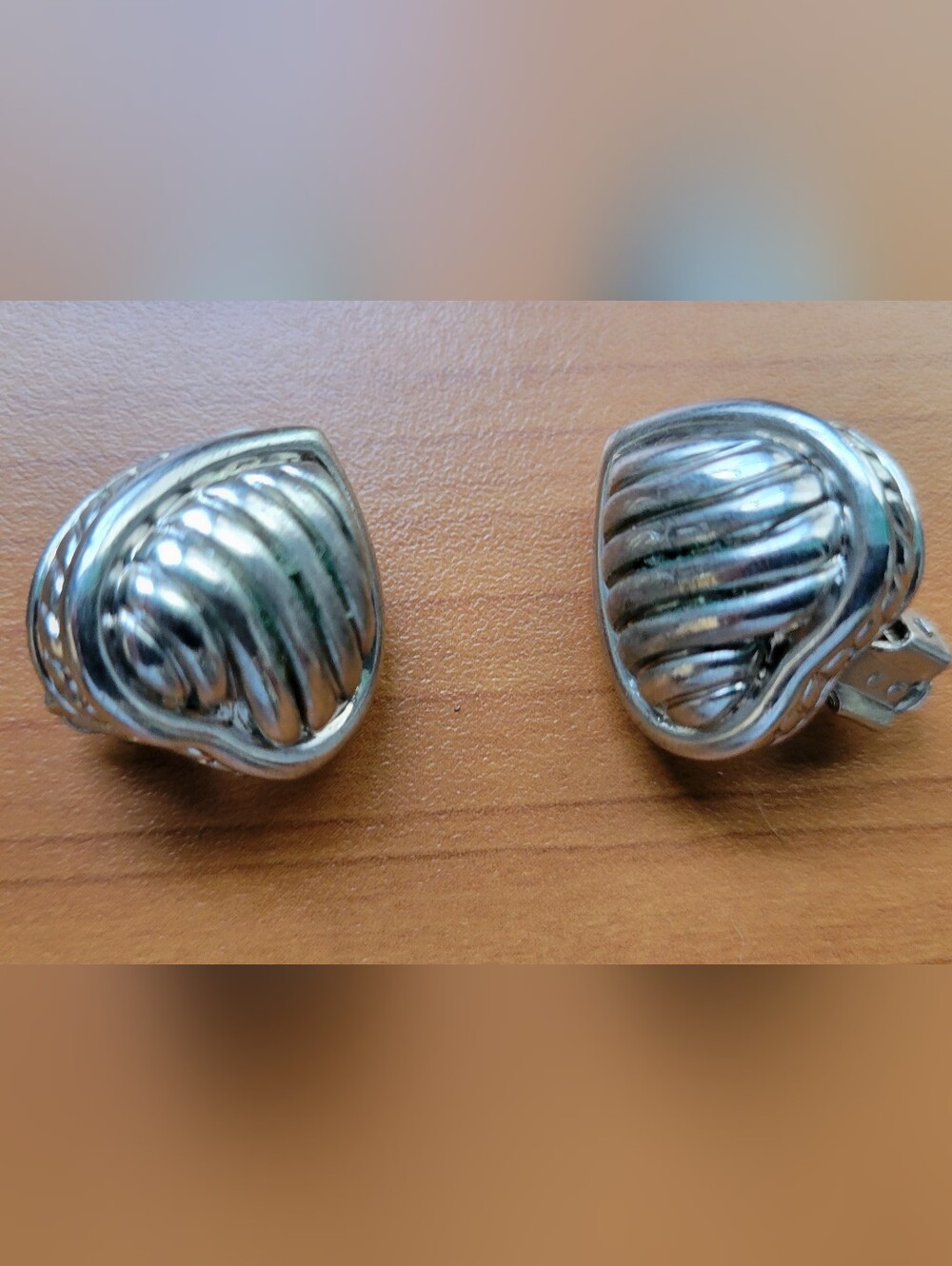 Vintage Silver-Tone Ribbed Puffy Heart Clip-On Earrings